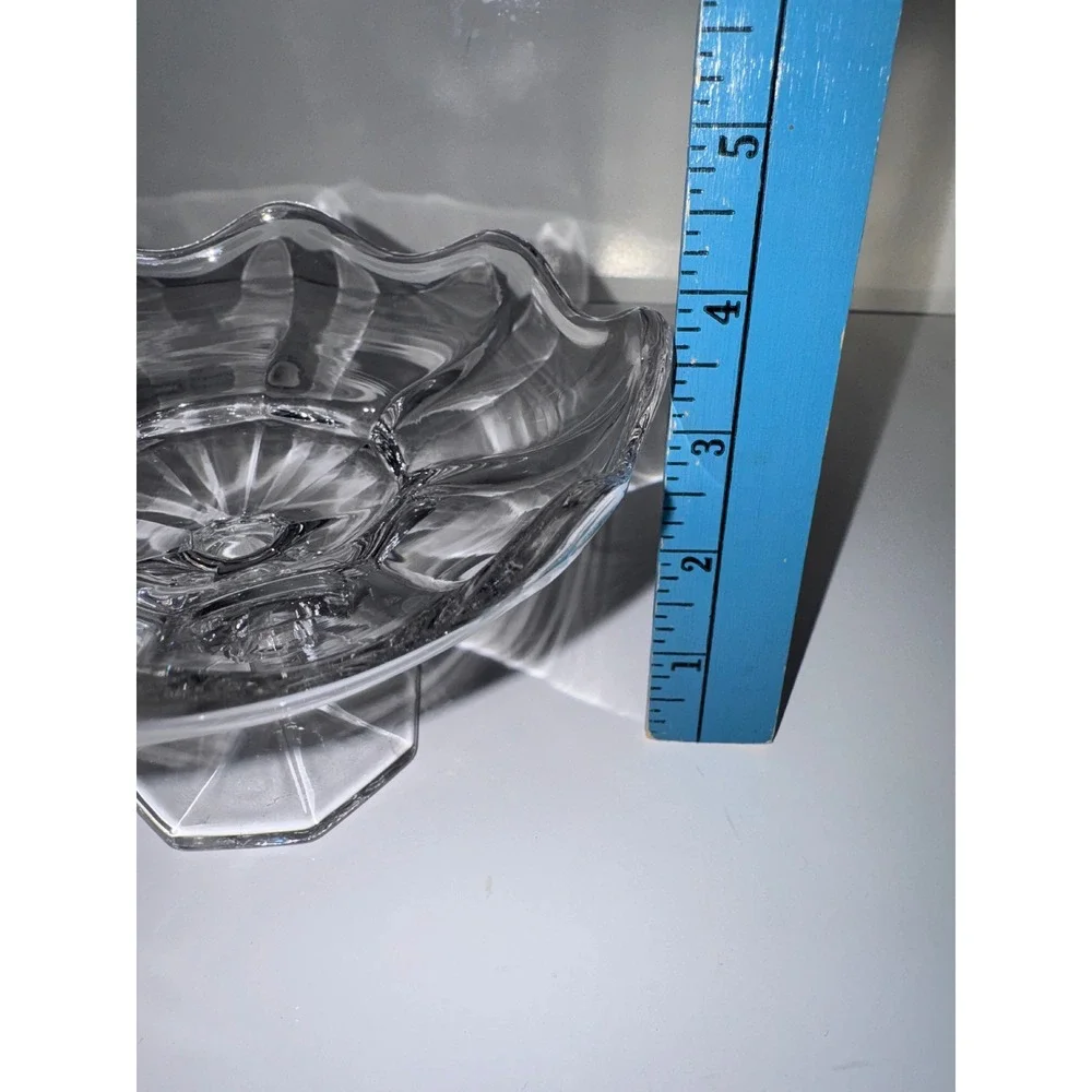 Vintage Clear Pressed Glass Pedestal Bowl Scalloped Ruffled Rim Compote Dish 6in